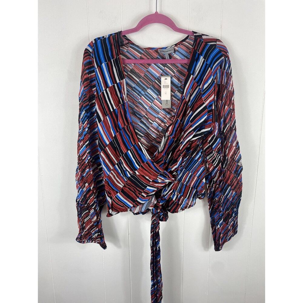 Anthropology Conditions Apply Laurie Deco Wrap Blouse Red White Blue Size XL Art